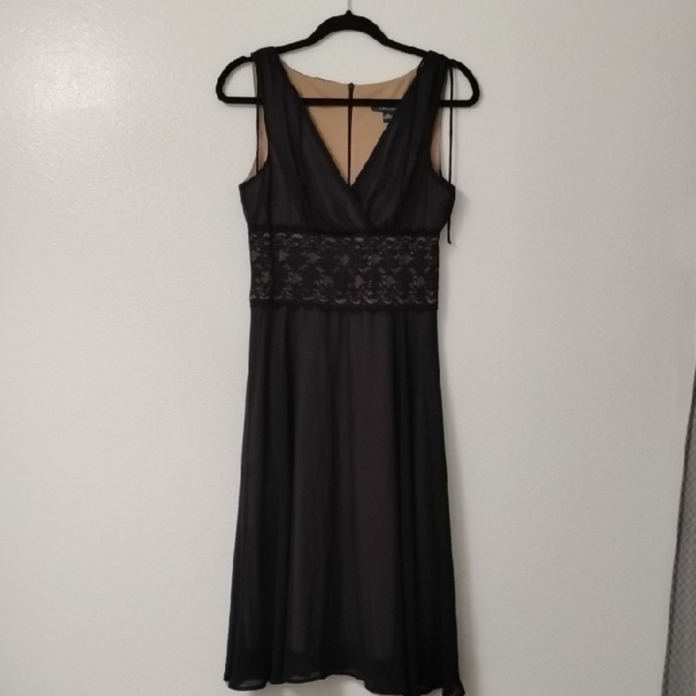 Collection B Black Sleeveless V-Neck Lace-Waist Midi Dress with Sheer Overlay